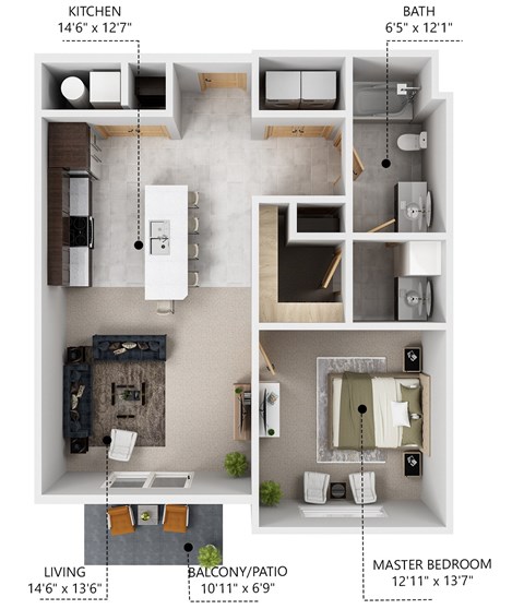 Floor plan for 1 bed, 1 bath, 705 sqft
